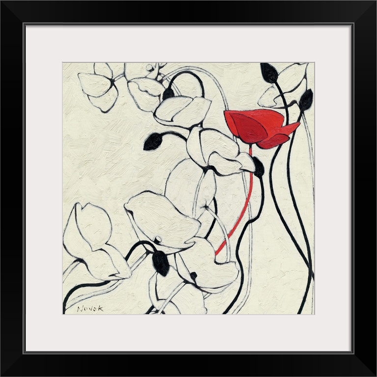 Contemporary painting of a group of poppies done in a minimalist style, implementing simple line work and a small area of ...