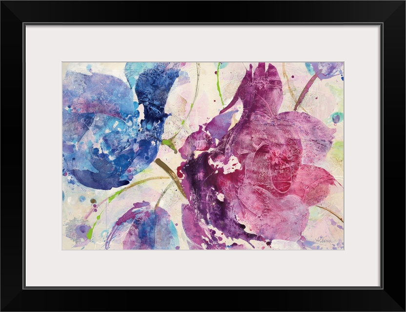 Large abstract painting of flowers in blue and purple tones.