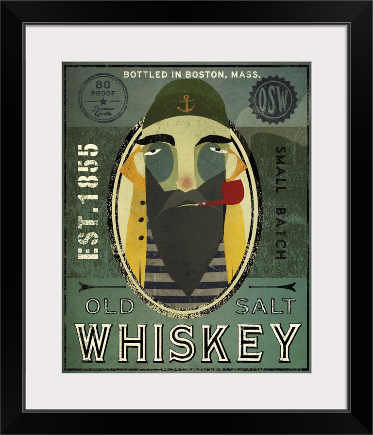 Contemporary artwork of an illustrative fisherman's whisky advertisement.