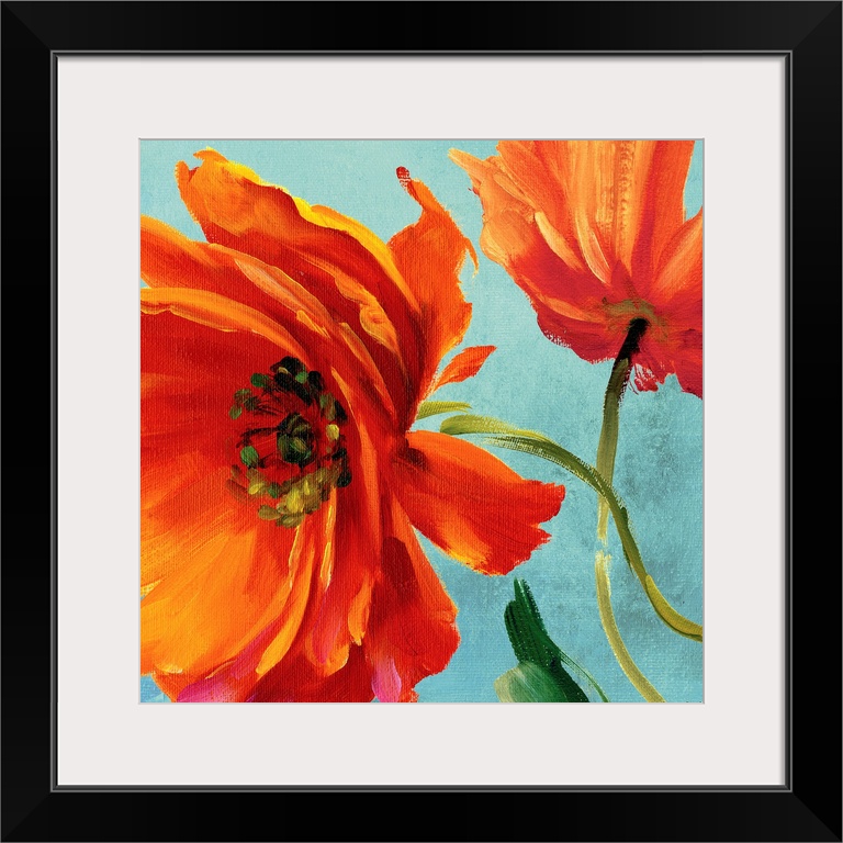 Decorative art for the living room or kitchen this square painting is a close of up flower blossoms on a flat background.