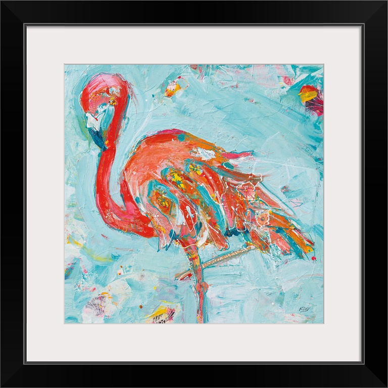 Energetic brush strokes in bright colors create a poised flamingo adorned with floral elements and paint splatters.