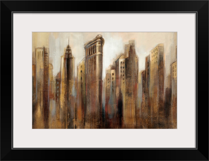 Contemporary painting of skyline.  The images looked smudged and the details of each building, such as window, fade toward...