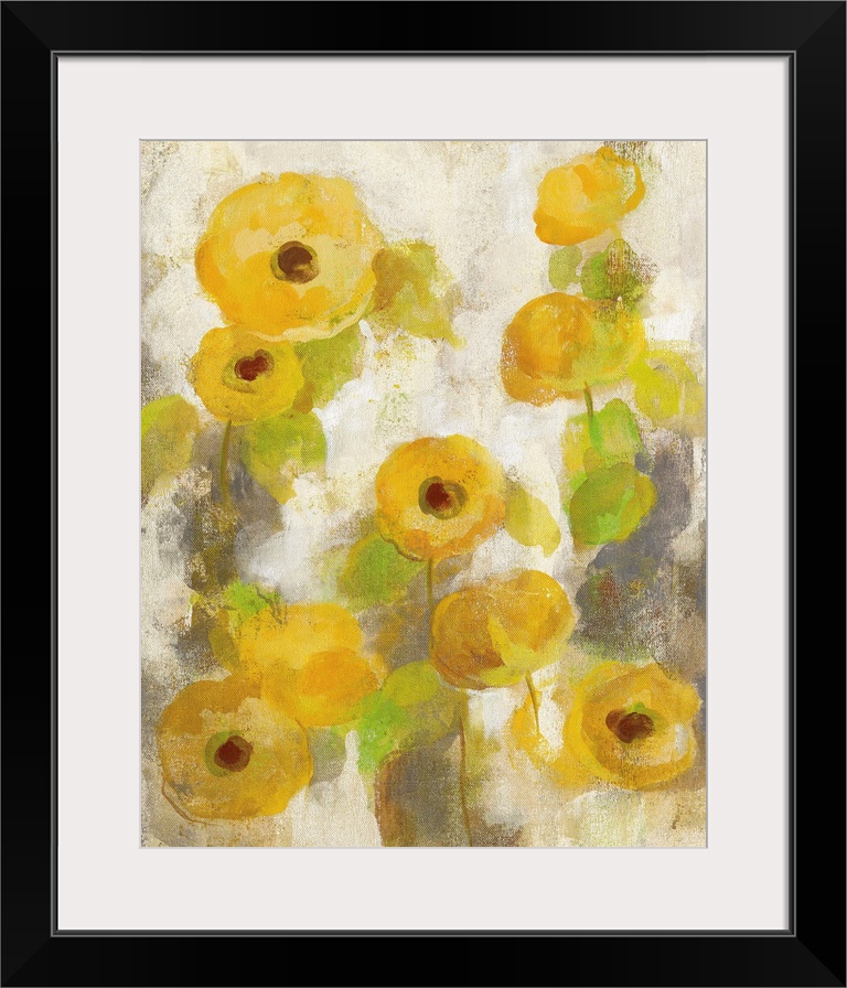 Contemporary painting of flowers in a muted yellow against a beige background.