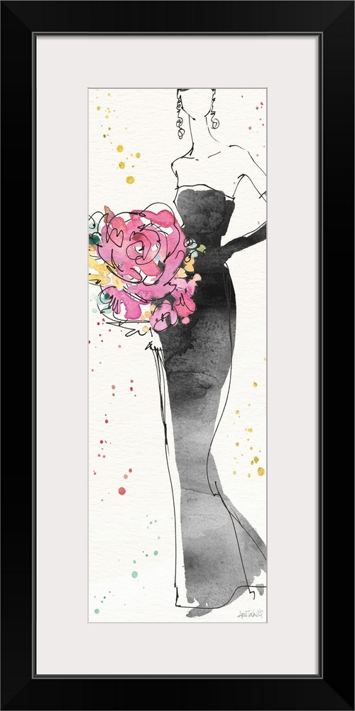 Watercolor painting of a woman wearing a long black strapless dress holding a bouquet of flowers.