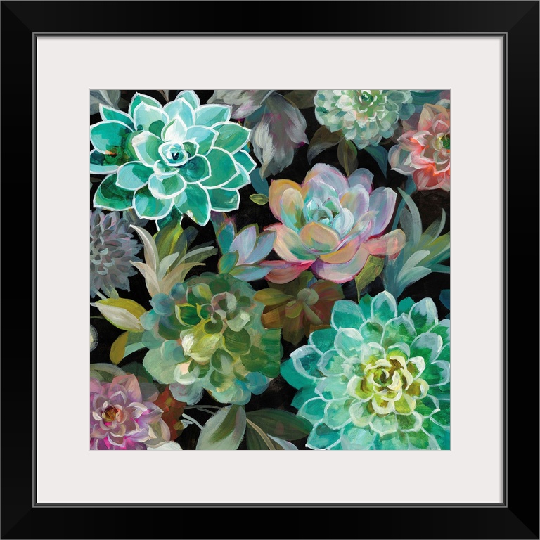 Square painting of succulents grouped together with a black background.