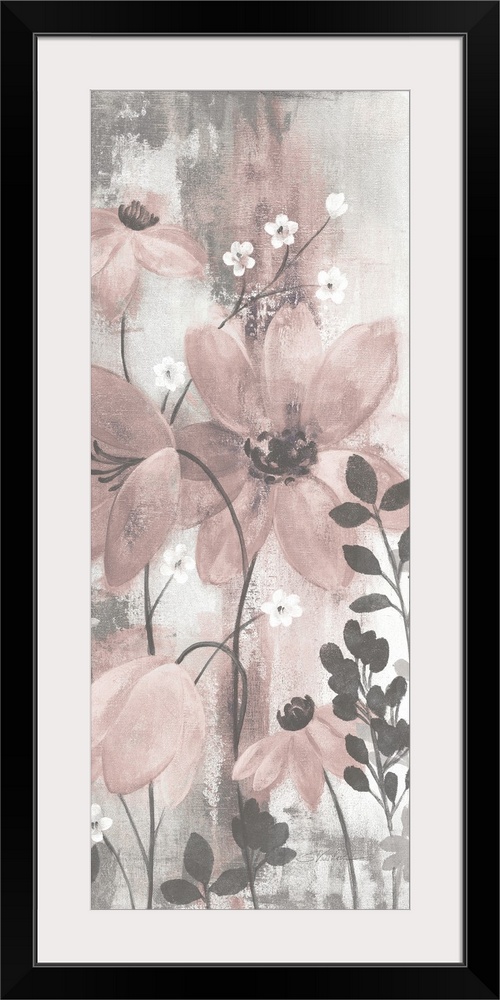 Contemporary artwork of pink flowers over a distressed gray background.