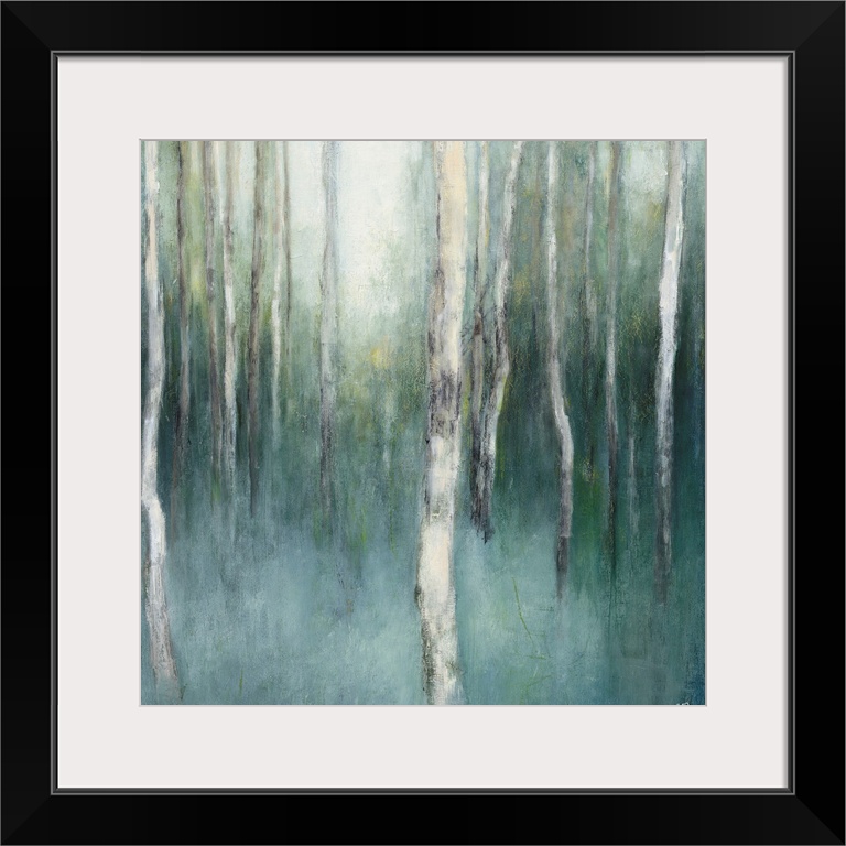 Square abstract painting of birch trees in a blue and green misted forest.