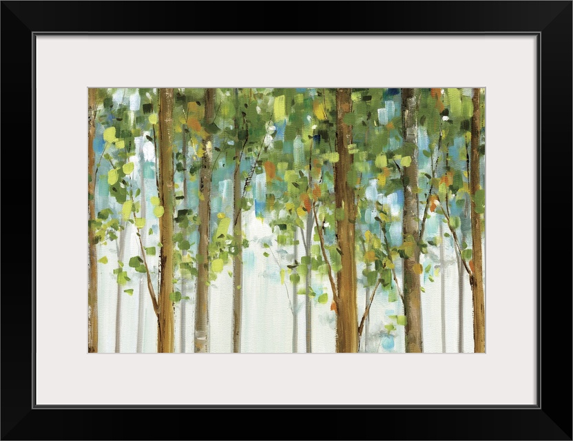 An abstract landscape painting created with square brush strokes of tall, straight trees in a forest.