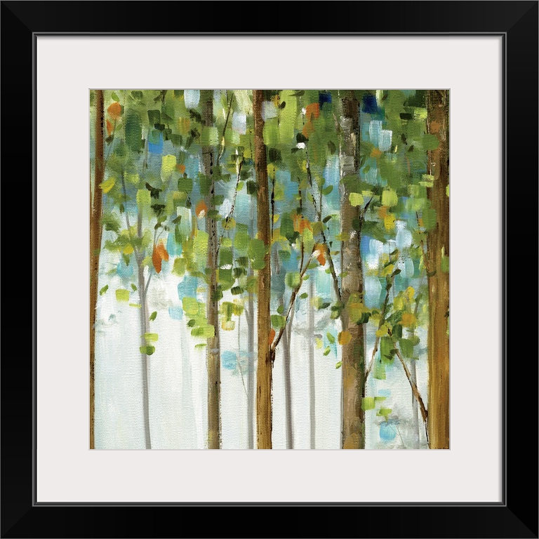 Contemporary painting of trees full of leaves.  The leaves are created from short, thick, square shaped brush strokes.