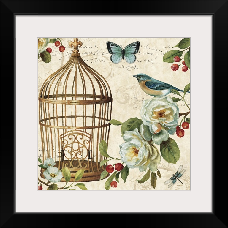 Contemporary artwork of a hanging gold birdcage surrounded by flowers and garden wildlife, against a cream patterned backg...
