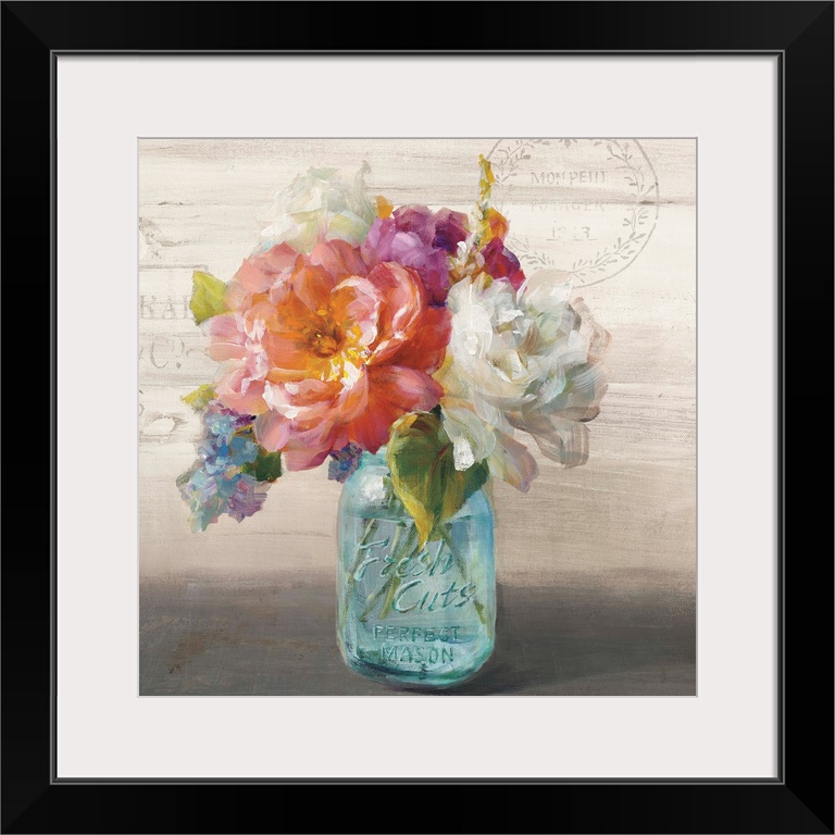 Contemporary artwork of a bouquet of roses and peonies in a glass mason jar.