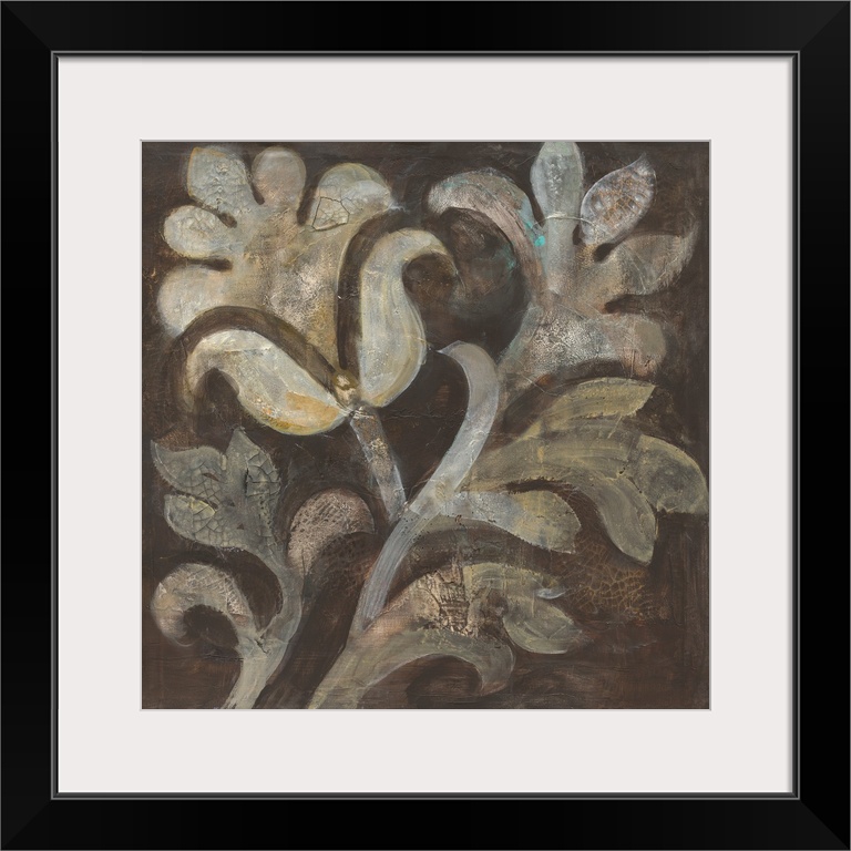 Square painting of a cream colored flower with beige leaves on a brown background with a tiny hint of blue on one of the l...
