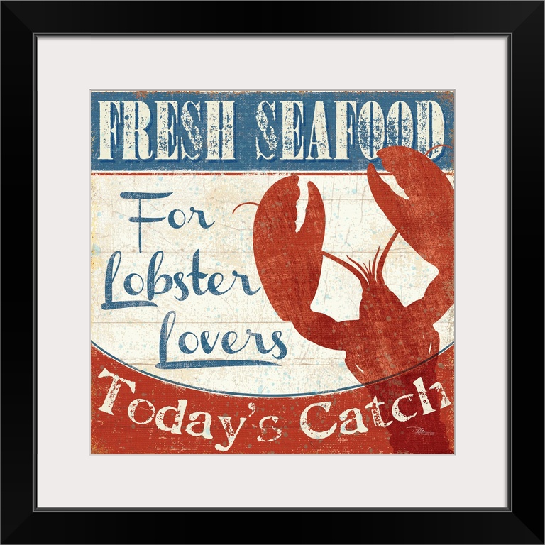 Weathered sign for a fish market, with a large red lobster silhouette.