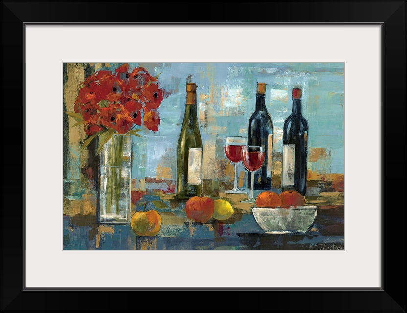 Horizontal painting of several wine bottles sitting next to a vase of red flowers, with two wine glasses and various fruit...