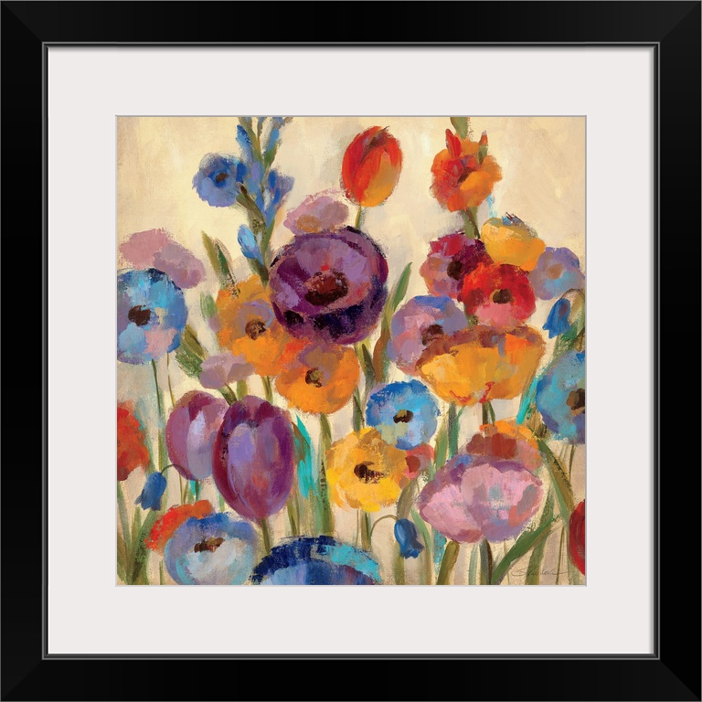 Big contemporary art depicts an arrangement of vividly colored flowers and buds in cool tones as they sit against a bare b...