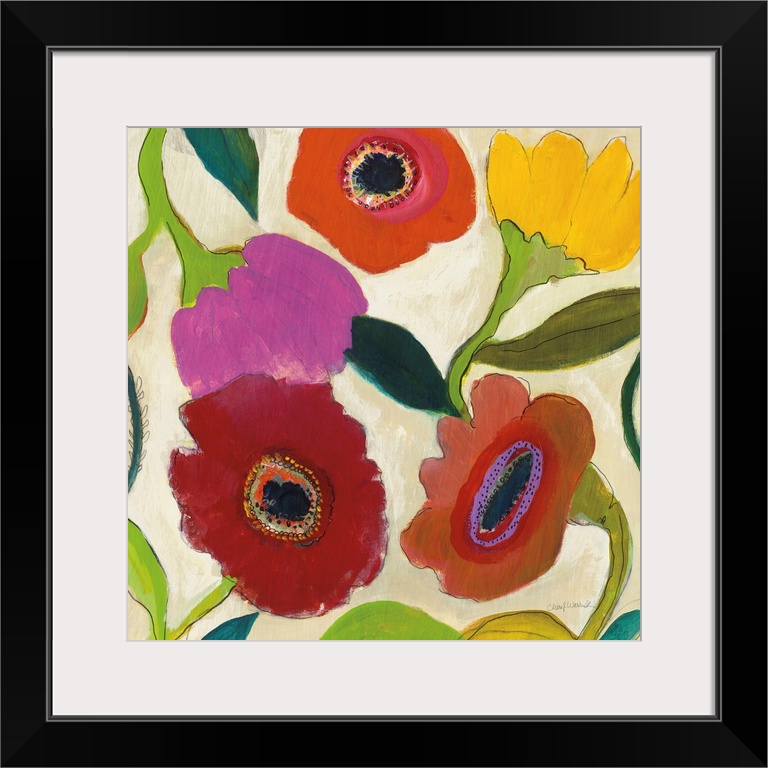 A bright contemporary floral painting featuring large blooms in a very simple, whimsical style