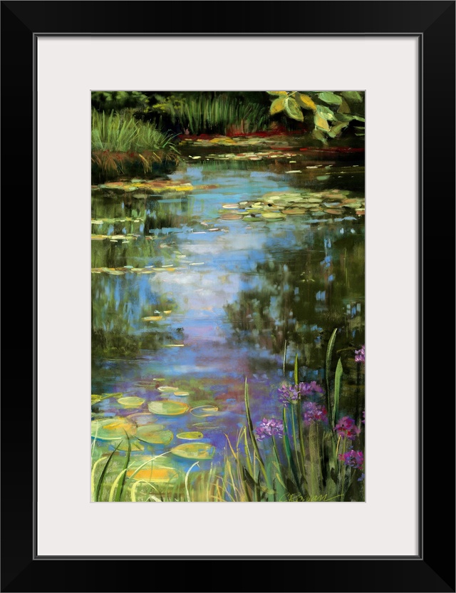 Big vertical painting of a garden water scene with flowers, water lillies, grasses, trees and other wild growth in cool an...