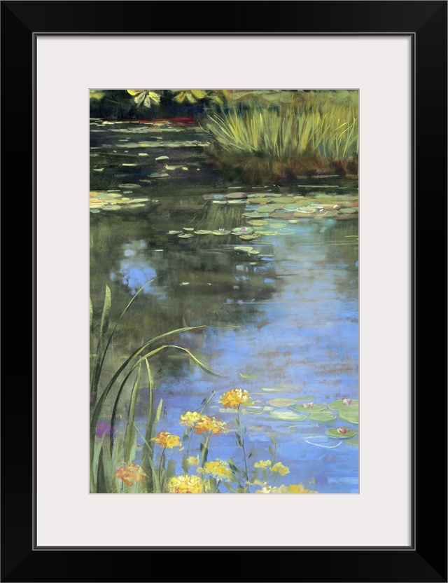 Contemporary docor painting of water lilies and lily pads in a small pond, with the water reflecting the greenery overhead.