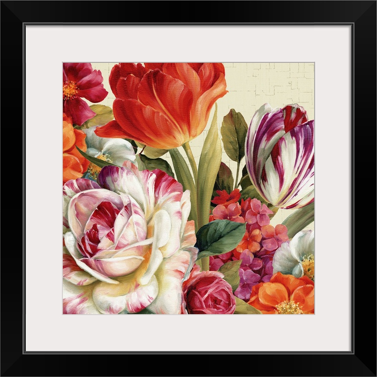 Big contemporary art focuses on a colorful arrangement of different flowers.