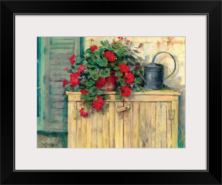 Contemporary painting of potted flowers next to a watering can.