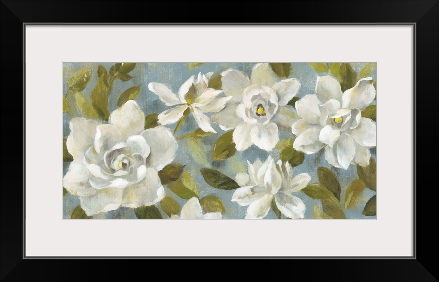 Rectangular contemporary painting of white Gardenias on a slate blue background.