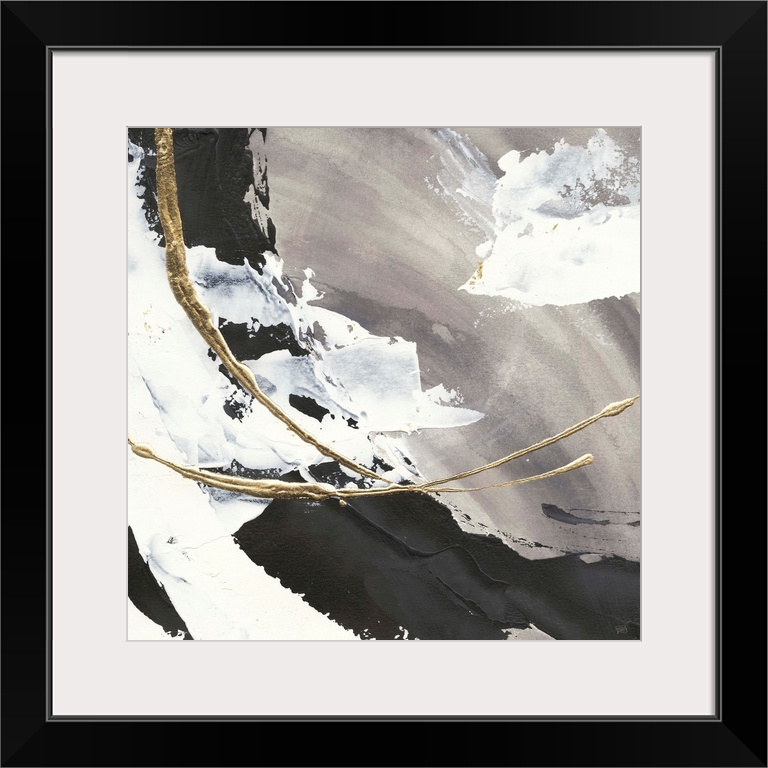 Large abstract painting of various brush strokes of gray, black and white with gold line accents.