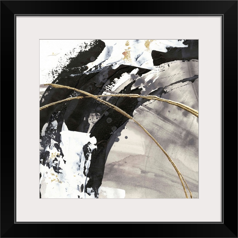 Large abstract painting of various brush strokes of gray, black and white with gold line accents.