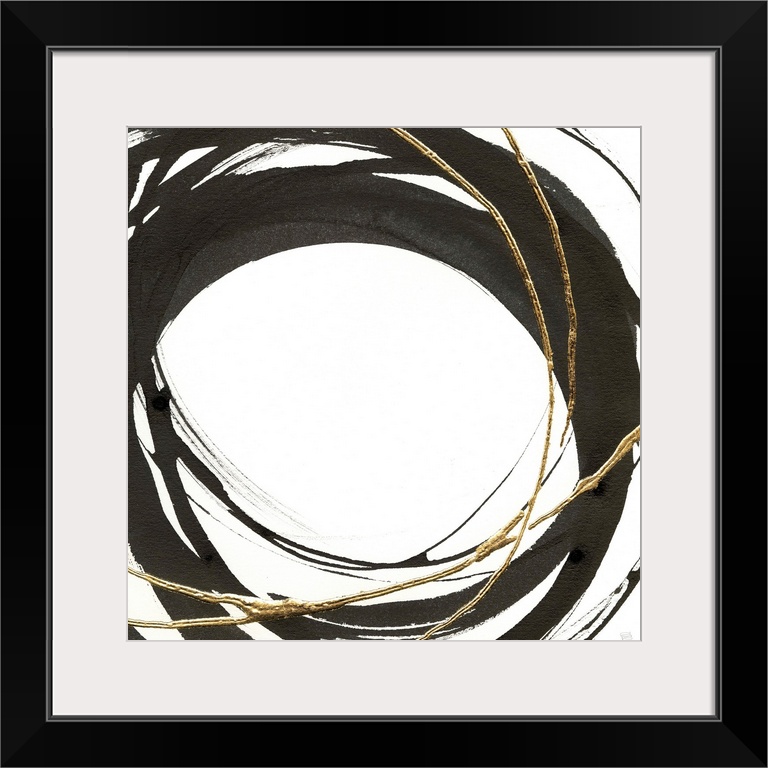 Abstract painting with black and gold circles layered on top of each other on a white, square background.