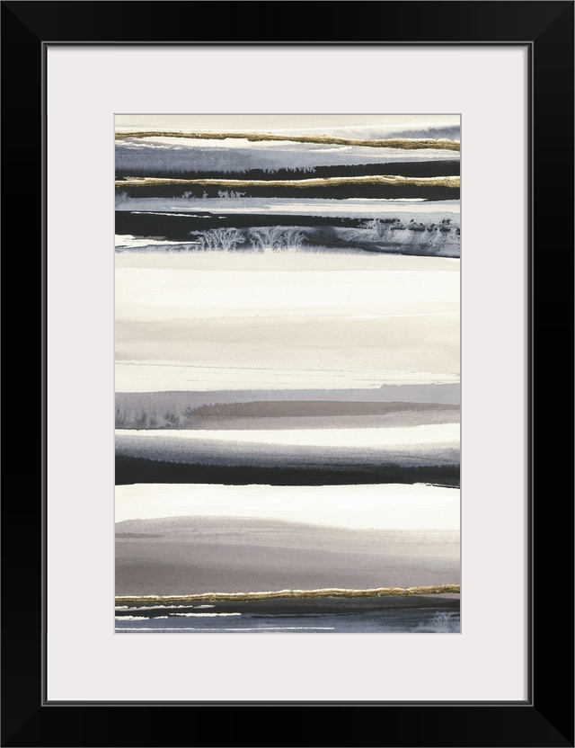 Abstract contemporary painting with horizontal stripes in black, grey, and gold.