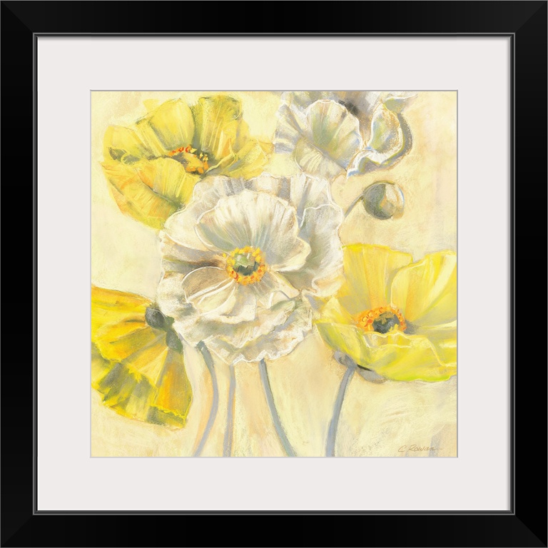 Contemporary painting of flower blossoms and flower bud.   Linear  brush strokes create veining and texture for the flower...