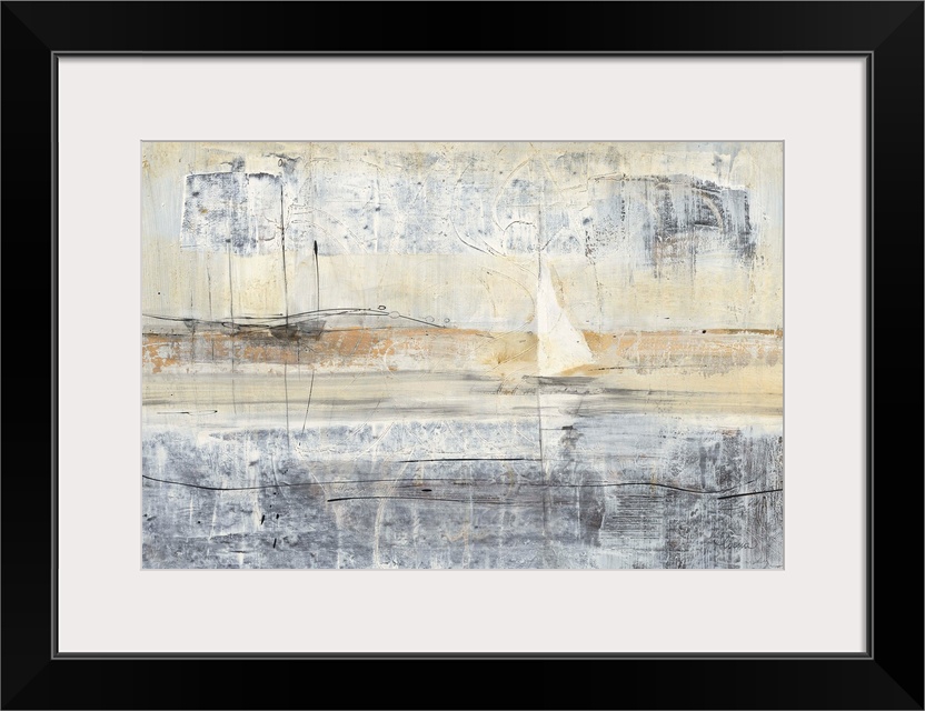 A horizontal abstract painting of a sailboat in water in neutral textured tones and black line accents.