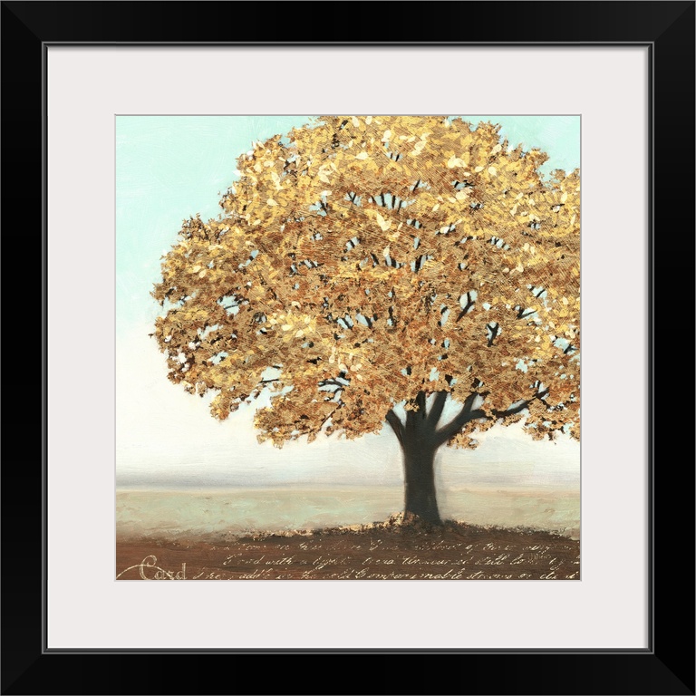 Contemporary artwork of a gold leaved tree with script below it.