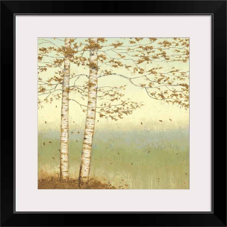 Serene painting of two trees with long, leafy branches at the edge of a valley in pastel shades.