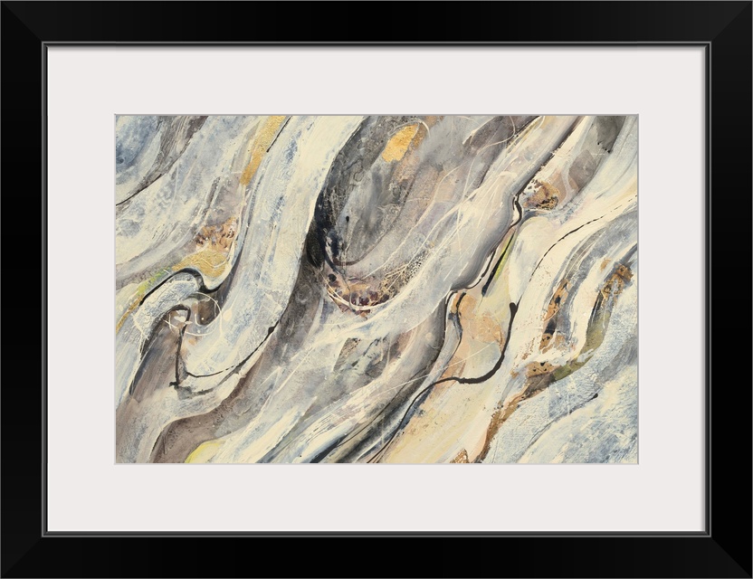 Contemporary abstract painting with cream, brown, gold, and gray brushstrokes flowing diagonally across the canvas.