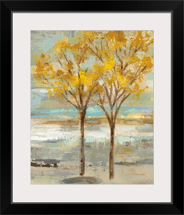 Abstract painting of two golden leafed trees on a colorful background made up of blue, green, tan, and gray short brushstr...