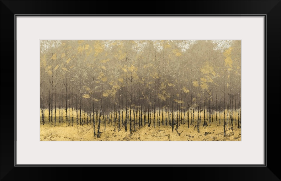 Contemporary artwork of a forest of thin trees with golden leaves.