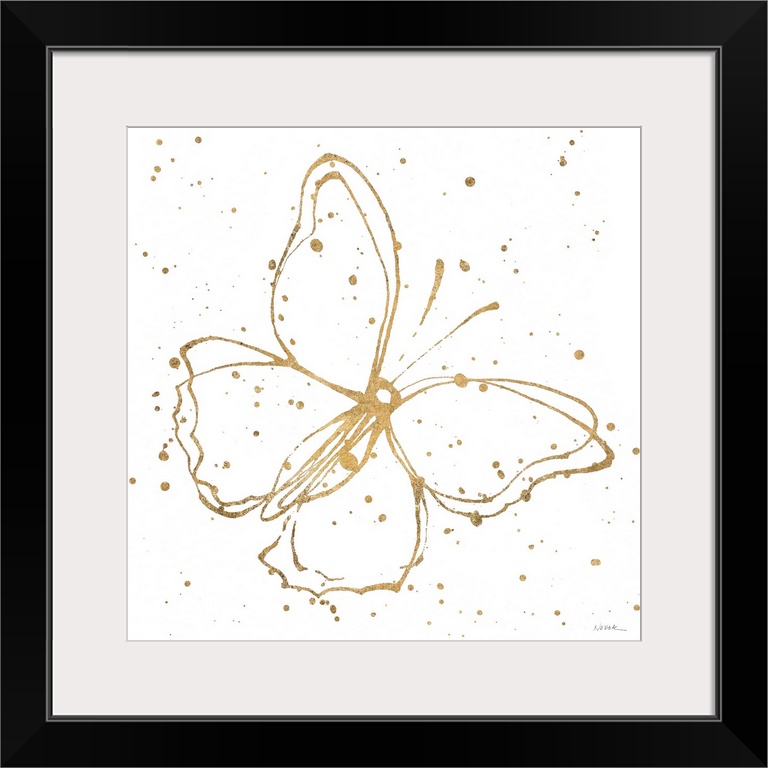Square painting of a metallic gold butterfly with paint splatter on a solid white background.