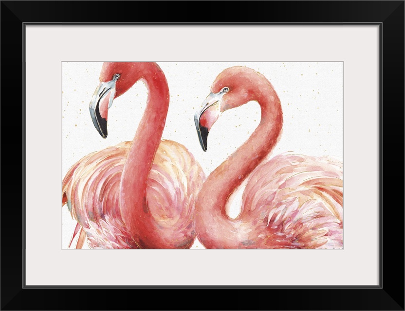 Rectangular watercolor painting of two pink flamingos with metallic gold highlights and little dots.