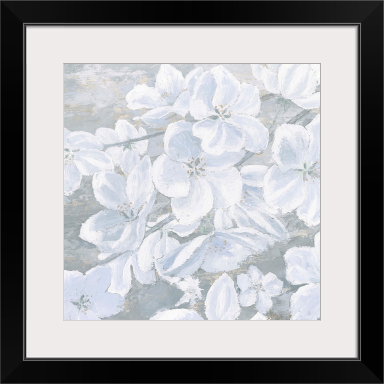 Square painting of cool toned white flowers on a slate blue and grey background.