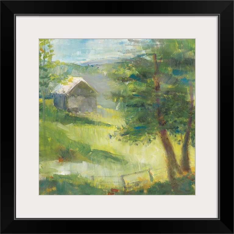 Square landscape painting of tree filled meadows in front of a gray barn with rolling hills in the background.