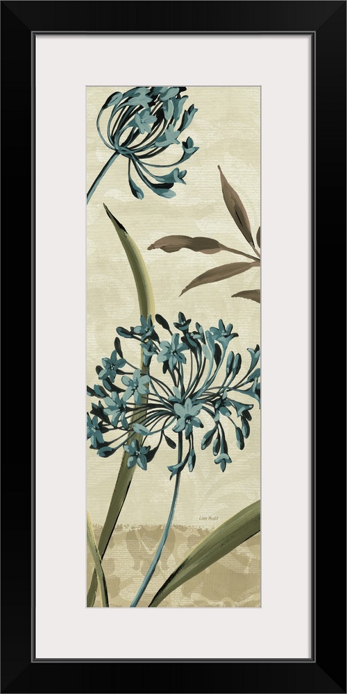 Vertical panoramic painting of two flower blossoms in the wind surrounded by tall leaves.