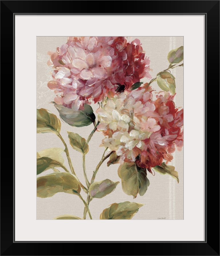 Contemporary painting of pink hydrangeas against a neutral background.