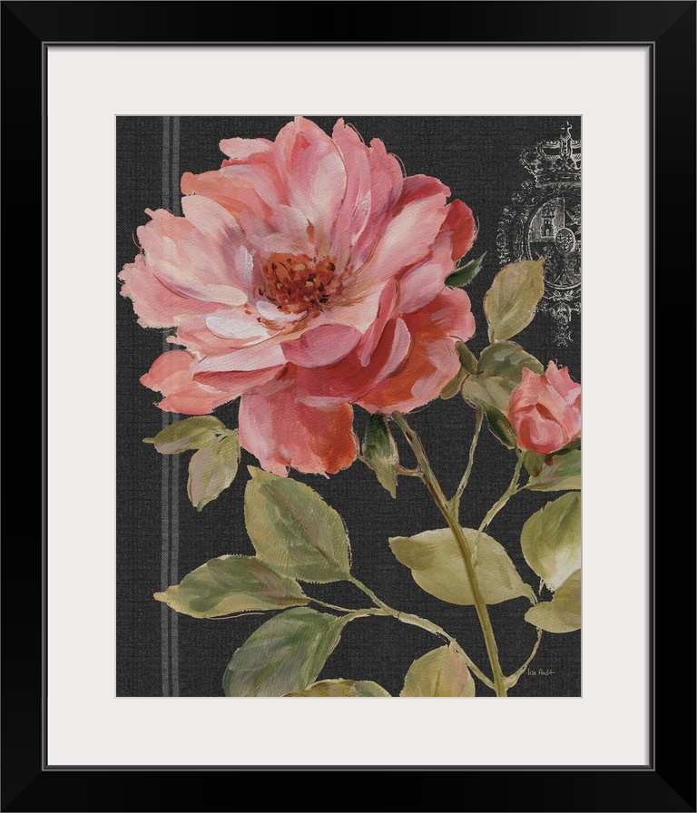 Large painted pink rose on a black background with a white design.