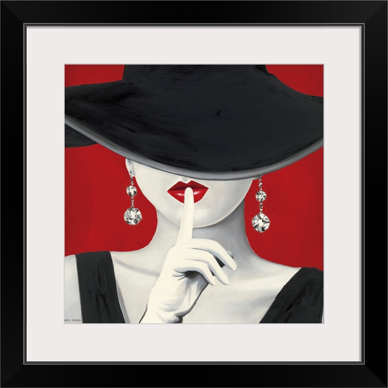 A square painting of a stylish woman in a black dress, her face obstructed by a black hat, white gloves and massive diamon...