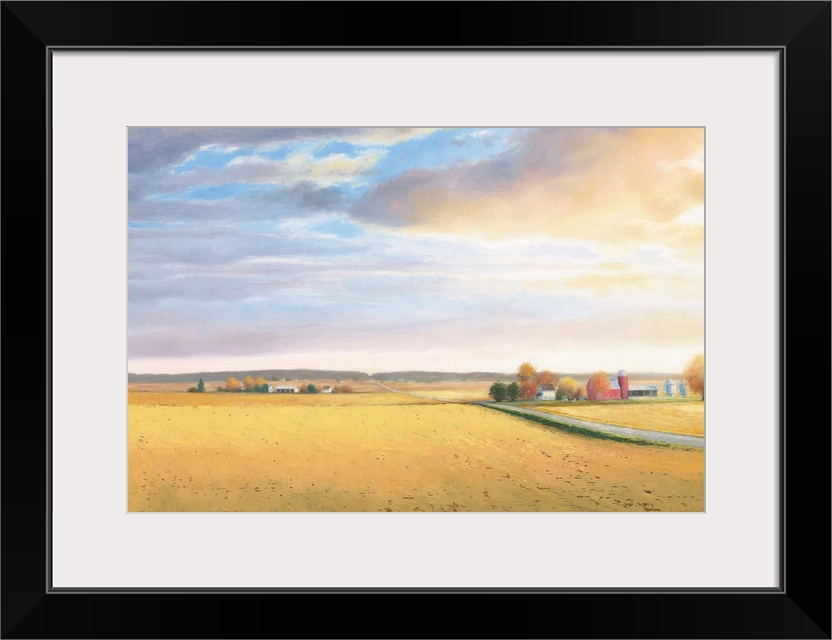 Landscape painting of a rural area with golden fields and a road leading to the horizon.