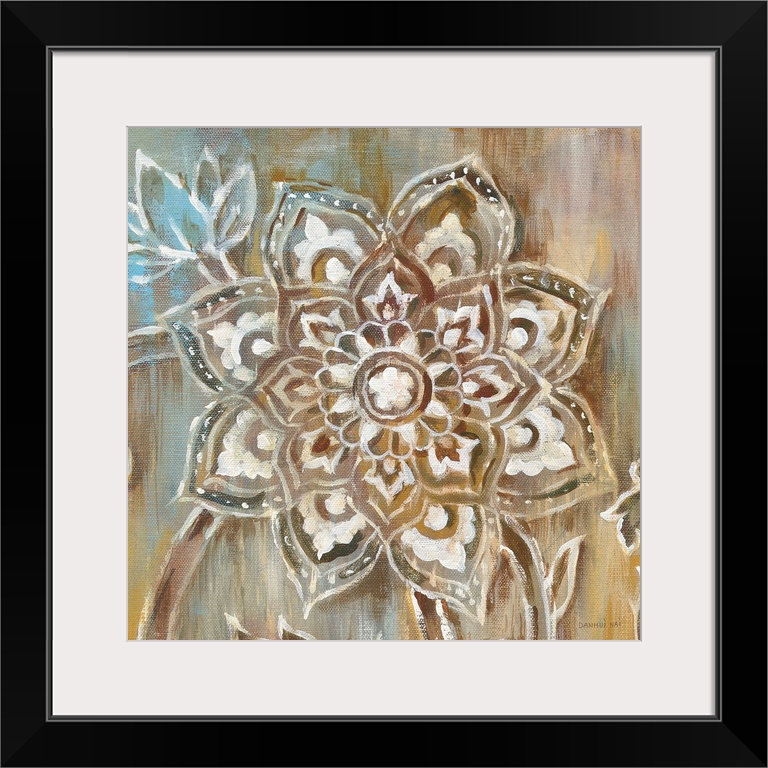 Square painting of henna style art with neutral colors and a touch of light blue.