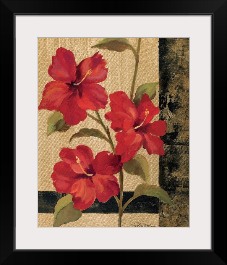 Contemporary painting of three tropical flowers on one long stem against an earthy, textured backdrop.