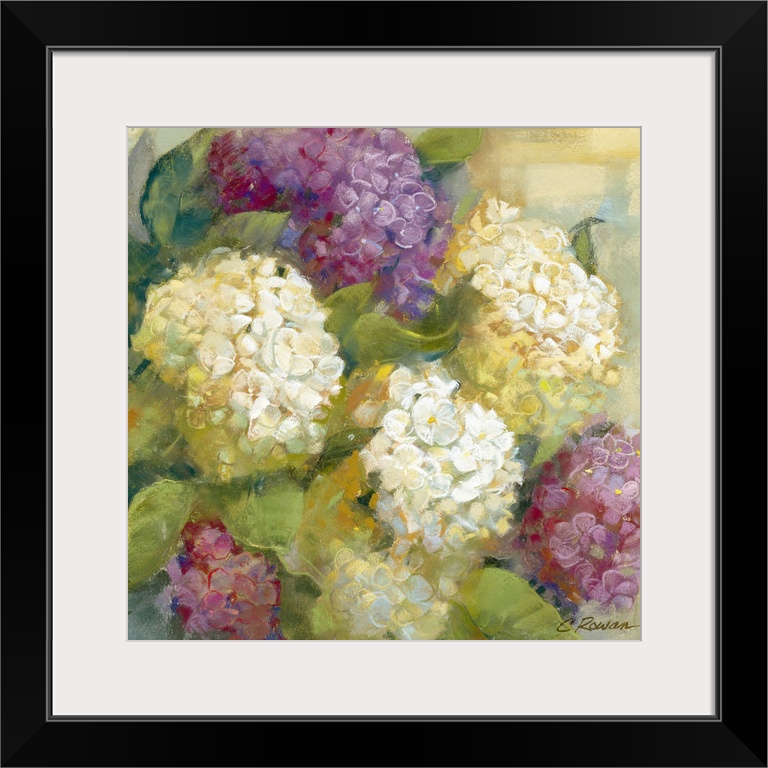 Contemporary art of a bouquet of flowers, decorated with dense groups of blooms and broad leaves, done in delicate brushst...