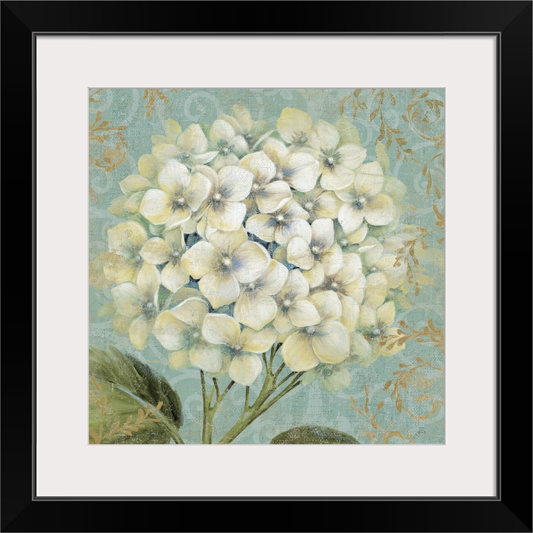 Square, large home art docor of a branch of fully bloomed hydrangeas on a decorative background of detailed, twisting flor...