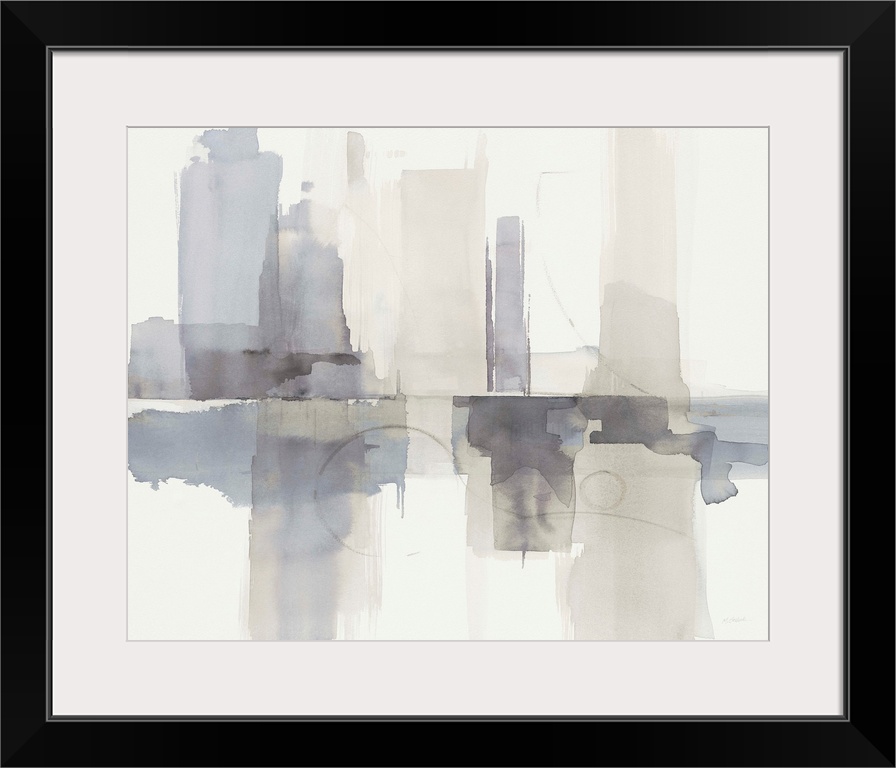 Abstract gray, purple, and cream watercolor painting that resembles a skyline with a reflection.